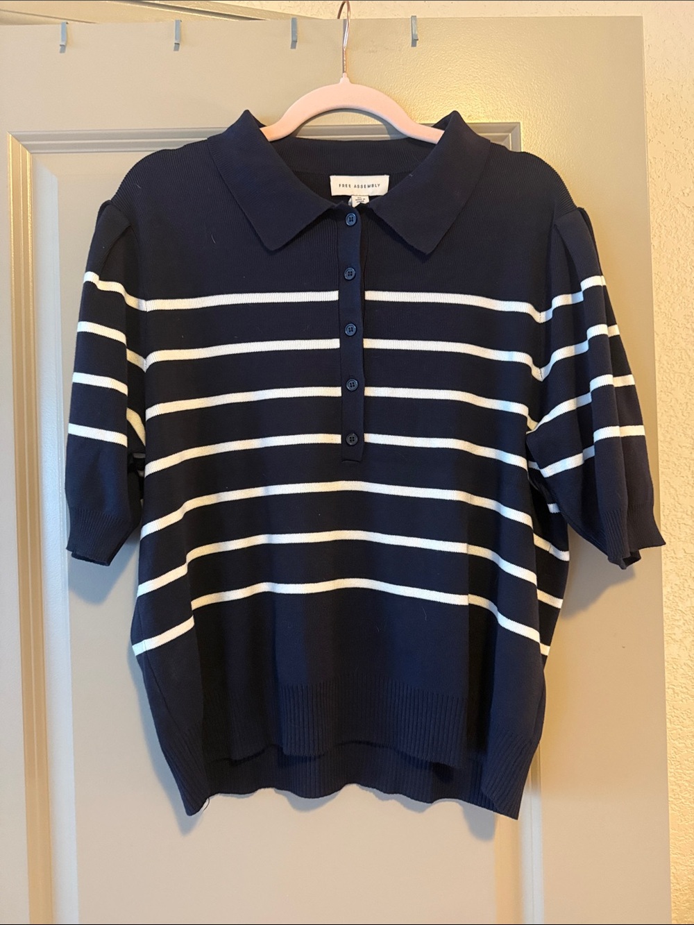 Free Assembly Stripe Polo Knit Top - Navy & White - Picture 5 of 7